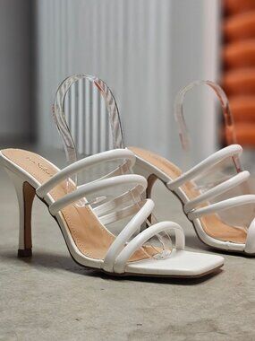 Strappy White High Heel Sandals With Square Toe  Strap  Elegant Style For Women